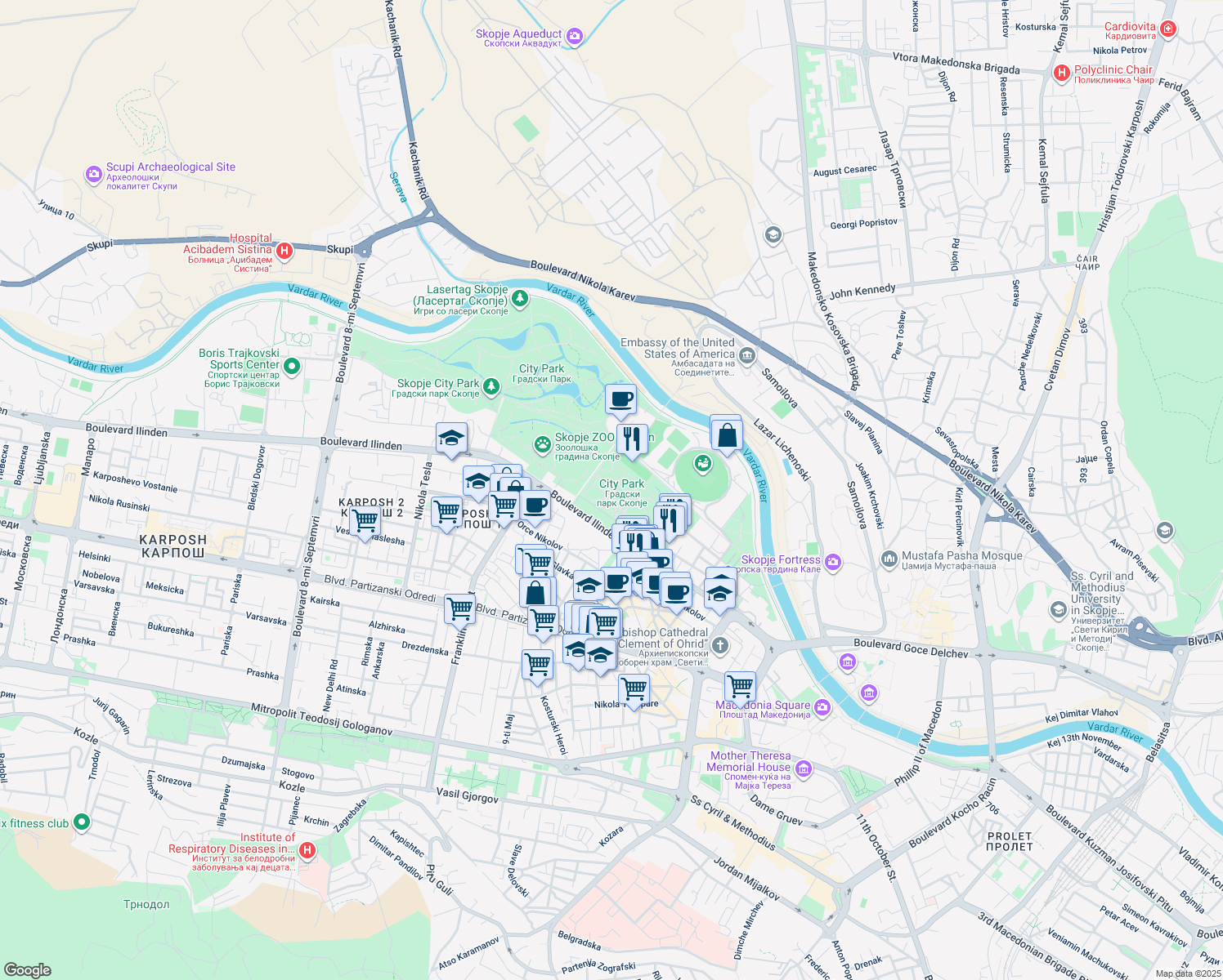 map of restaurants, bars, coffee shops, grocery stores, and more near 65 Boulevard Ilinden in Skopje
