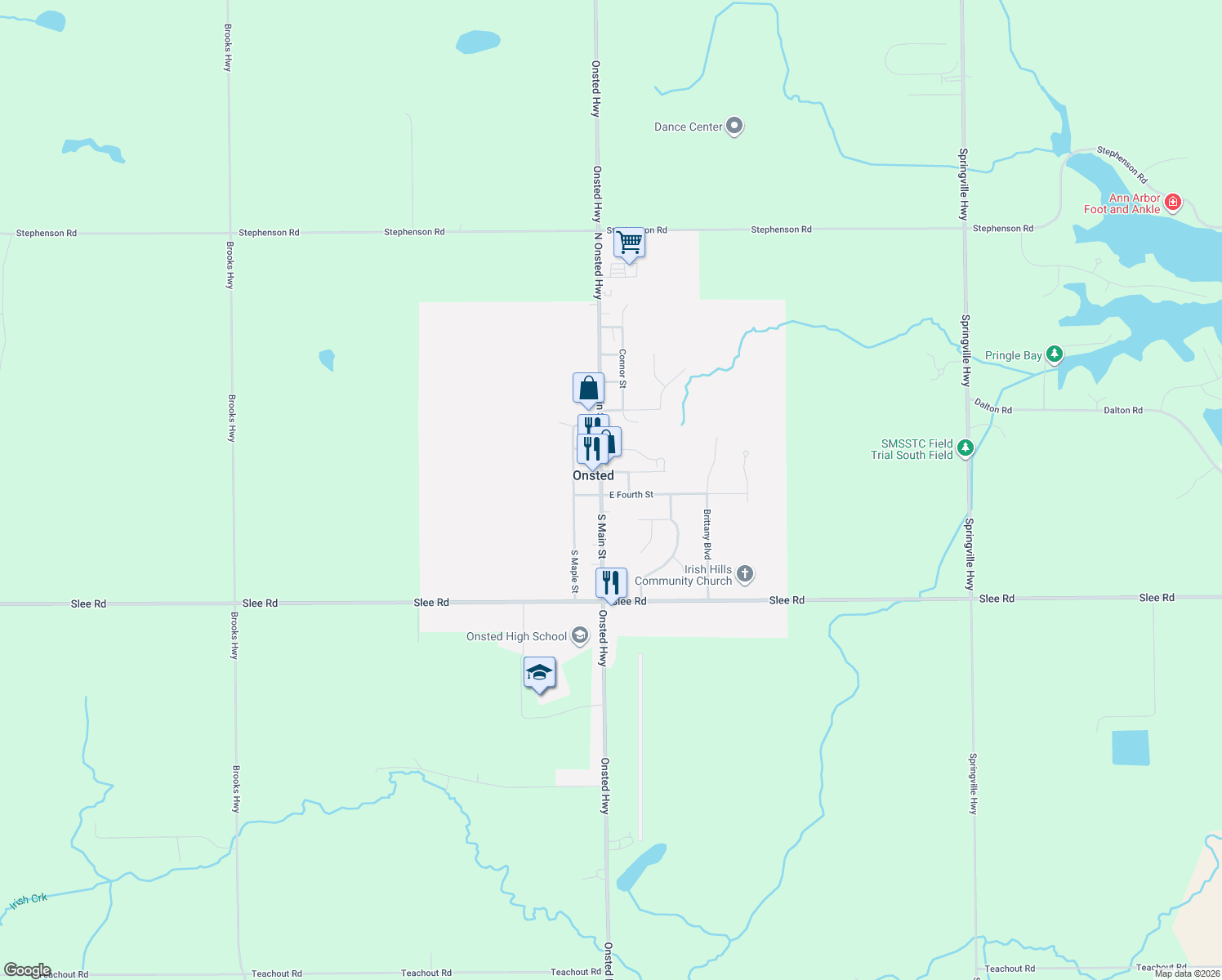 map of restaurants, bars, coffee shops, grocery stores, and more near 115 South Main Street in Onsted