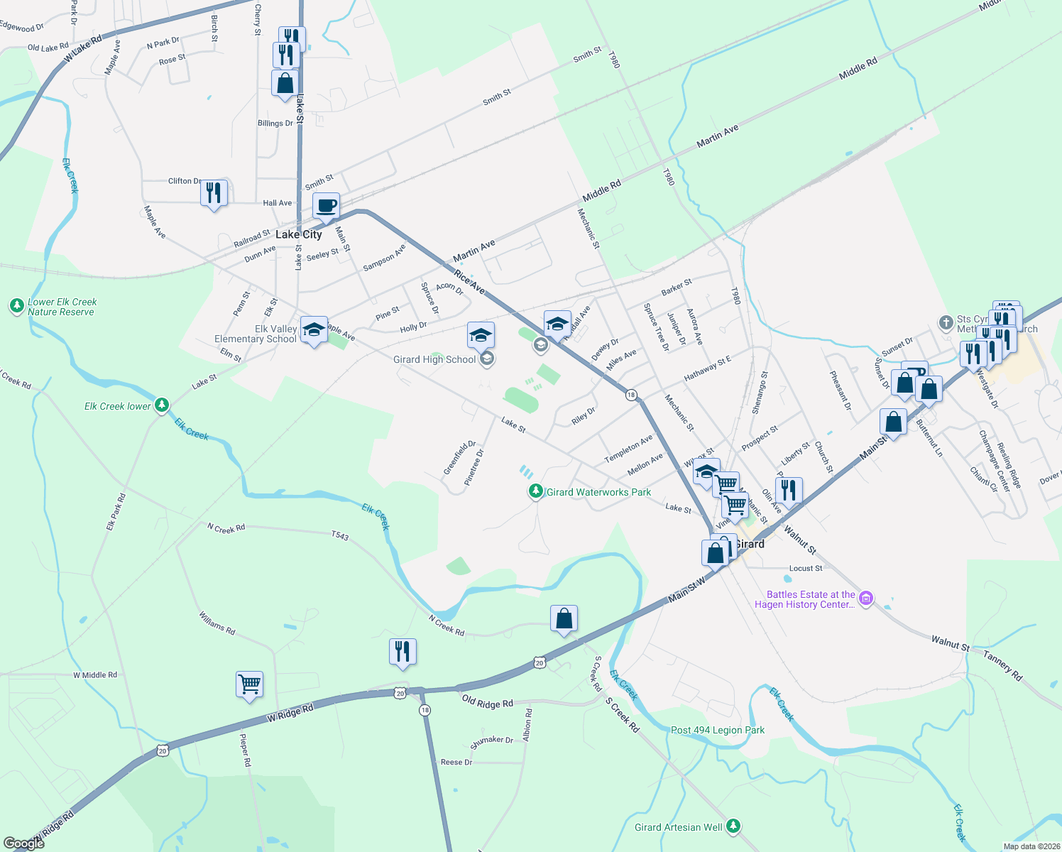 map of restaurants, bars, coffee shops, grocery stores, and more near 931 Lake St in Girard