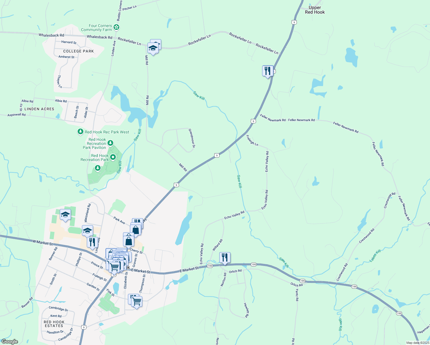 map of restaurants, bars, coffee shops, grocery stores, and more near 21 Teator Ln in Red Hook