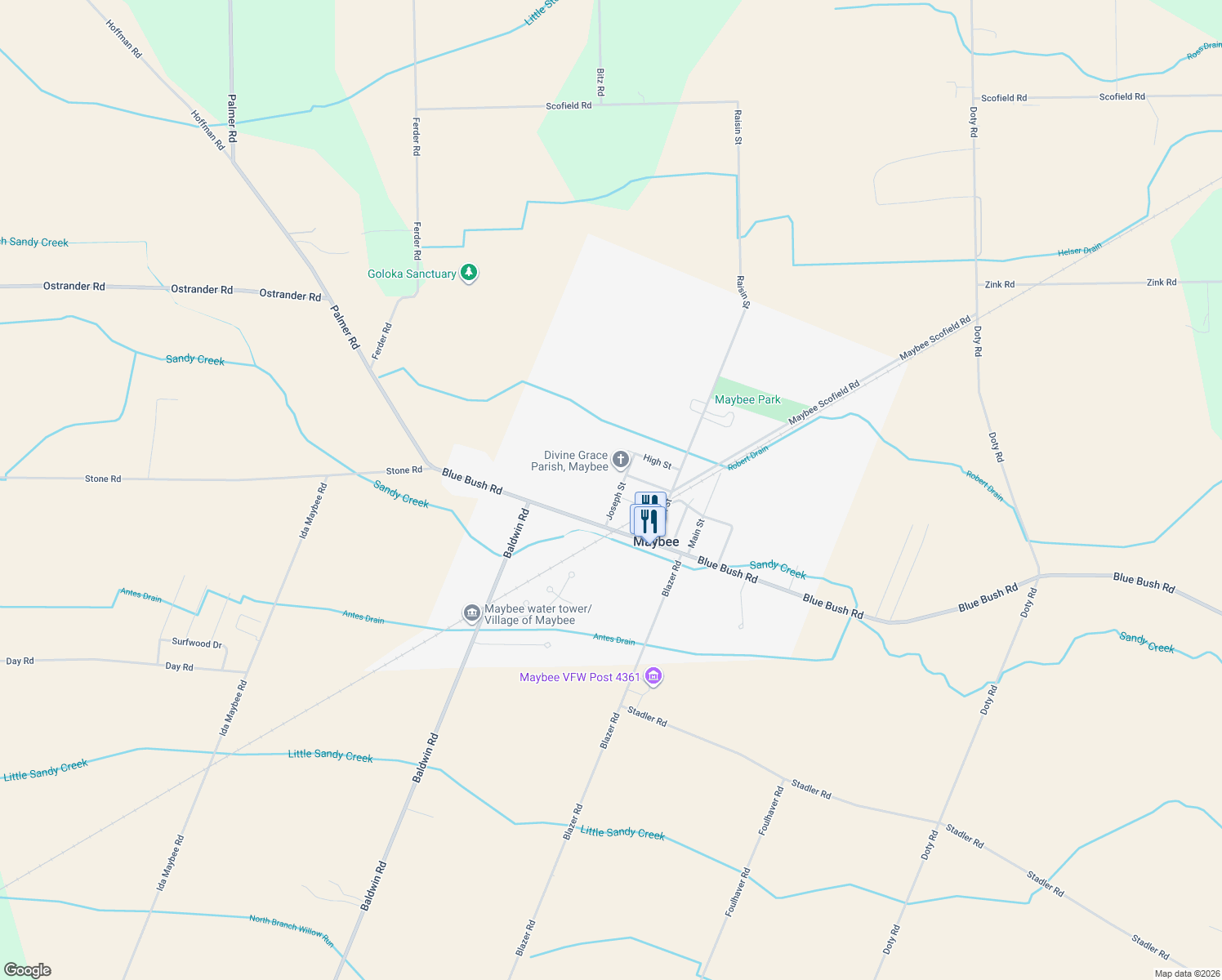 map of restaurants, bars, coffee shops, grocery stores, and more near 9117 Joseph Street in Maybee