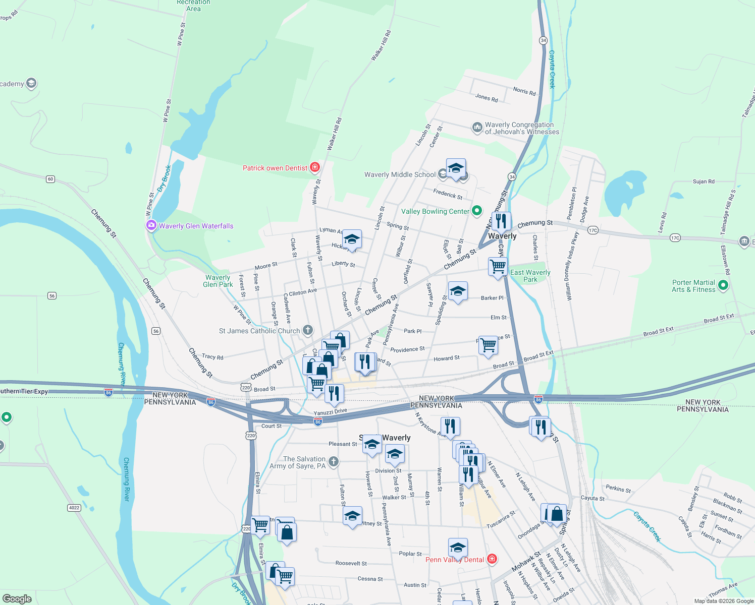 map of restaurants, bars, coffee shops, grocery stores, and more near 321 Chemung Street in Waverly