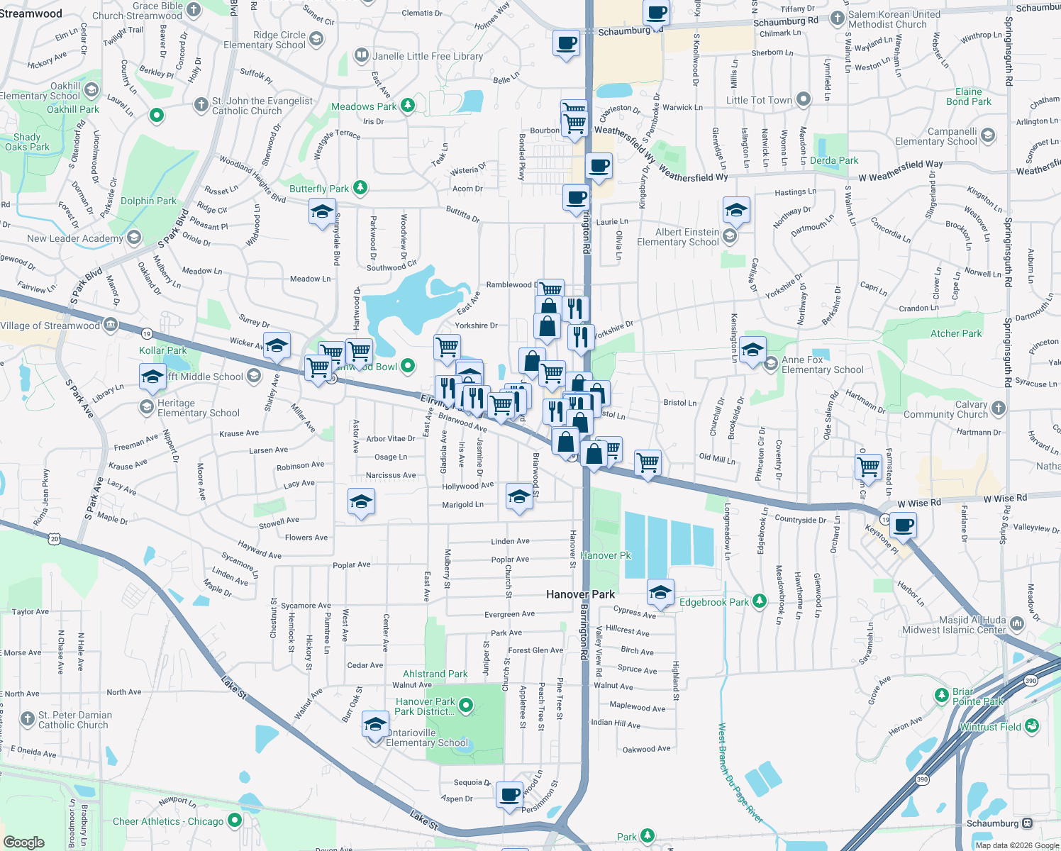 map of restaurants, bars, coffee shops, grocery stores, and more near 7401 Jensen Boulevard in Hanover Park
