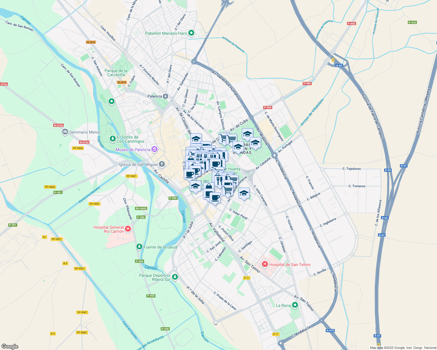 map of restaurants, bars, coffee shops, grocery stores, and more near 4 Avenida Modesto Lafuente in Palencia