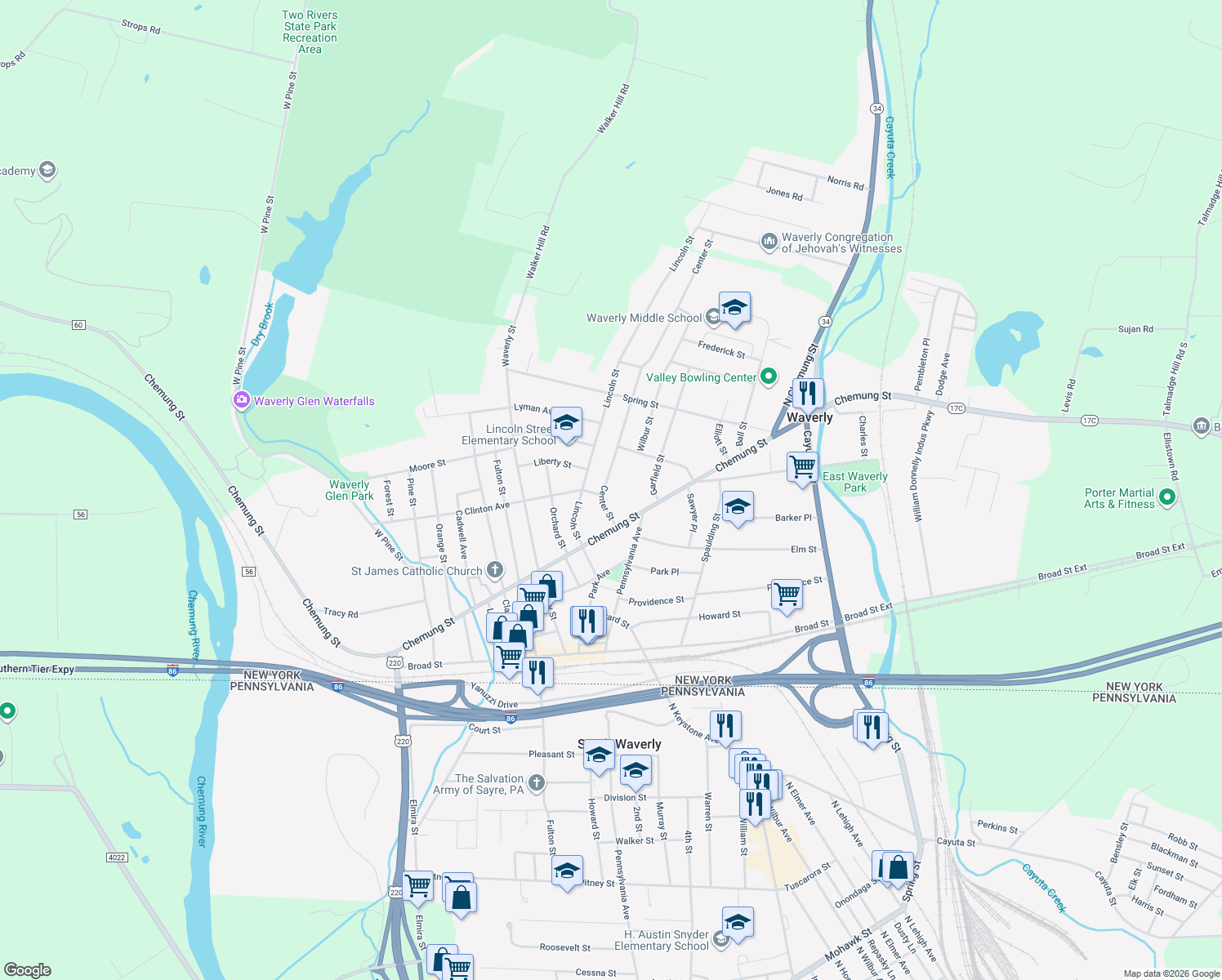 map of restaurants, bars, coffee shops, grocery stores, and more near 104 Center St in Waverly