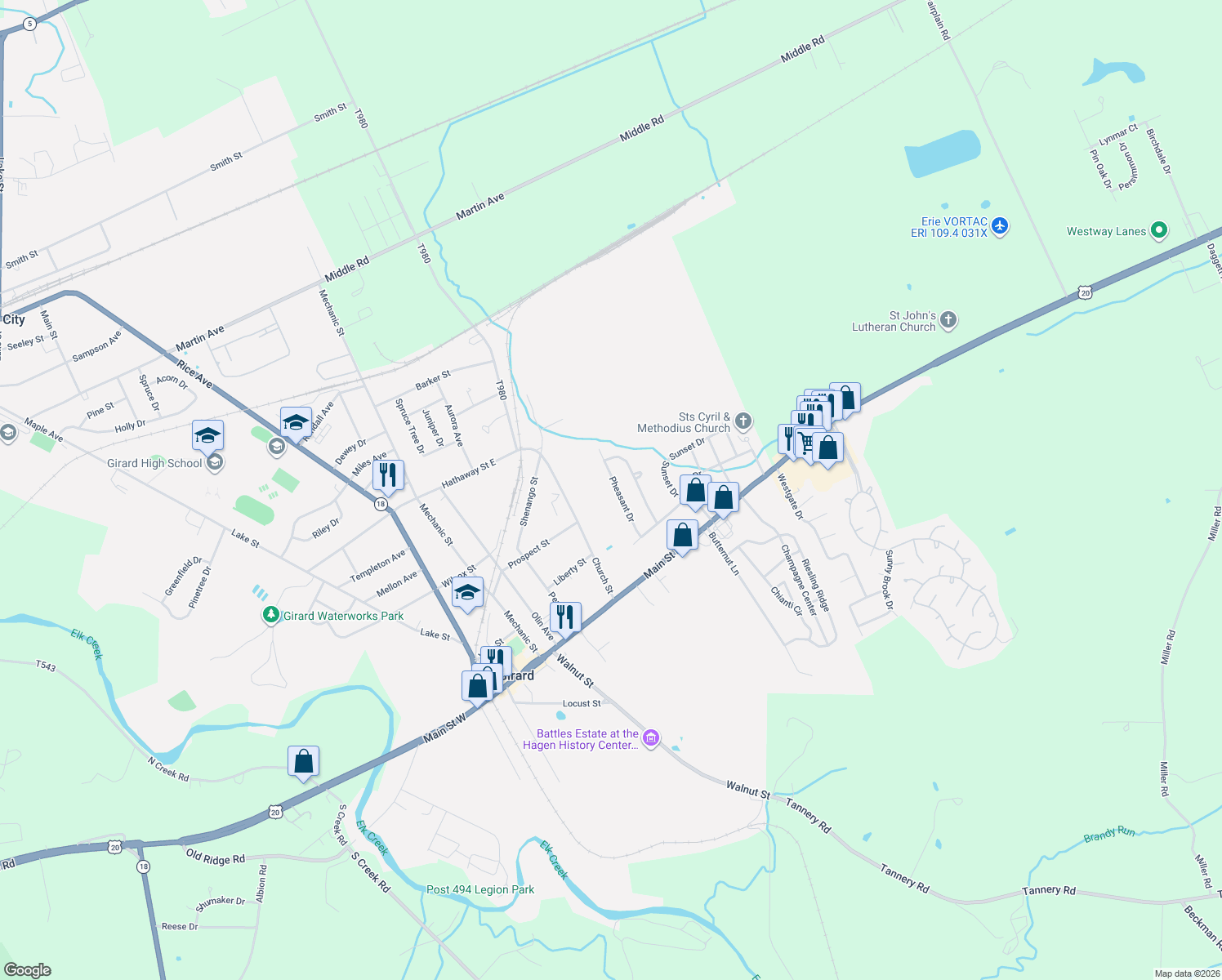 map of restaurants, bars, coffee shops, grocery stores, and more near 306 Pheasant Dr in Girard