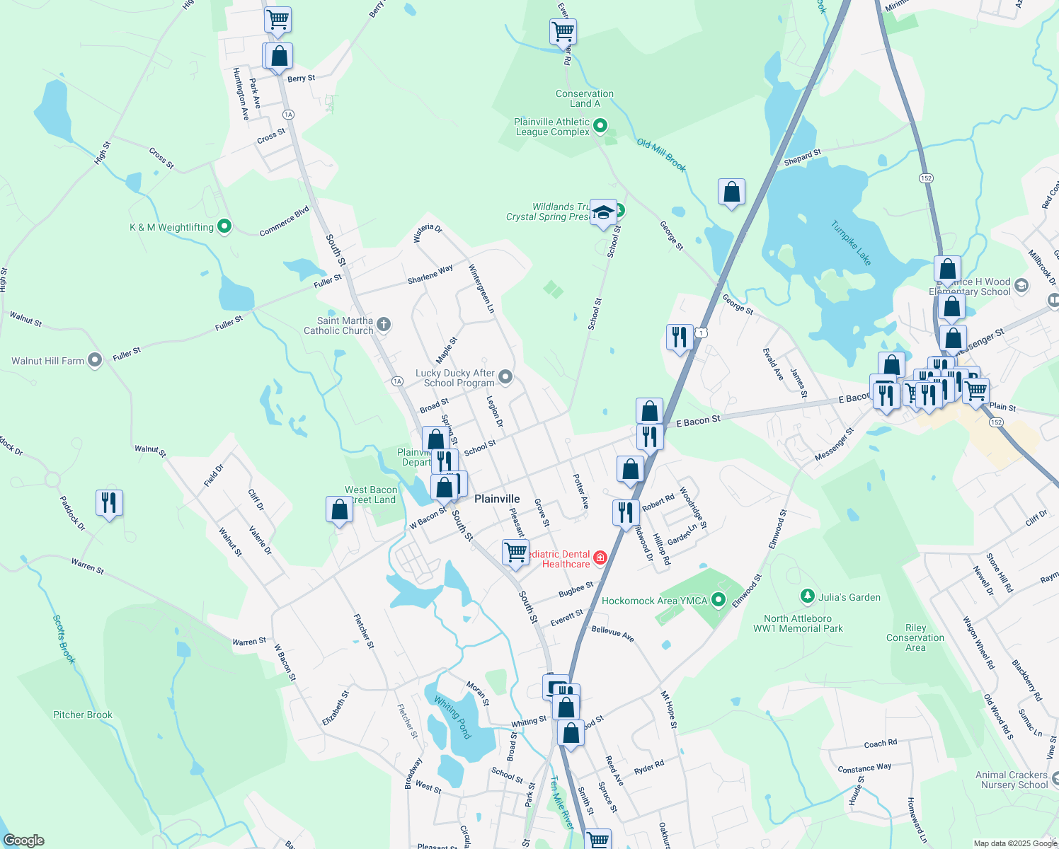 map of restaurants, bars, coffee shops, grocery stores, and more near 52 School Street in Plainville