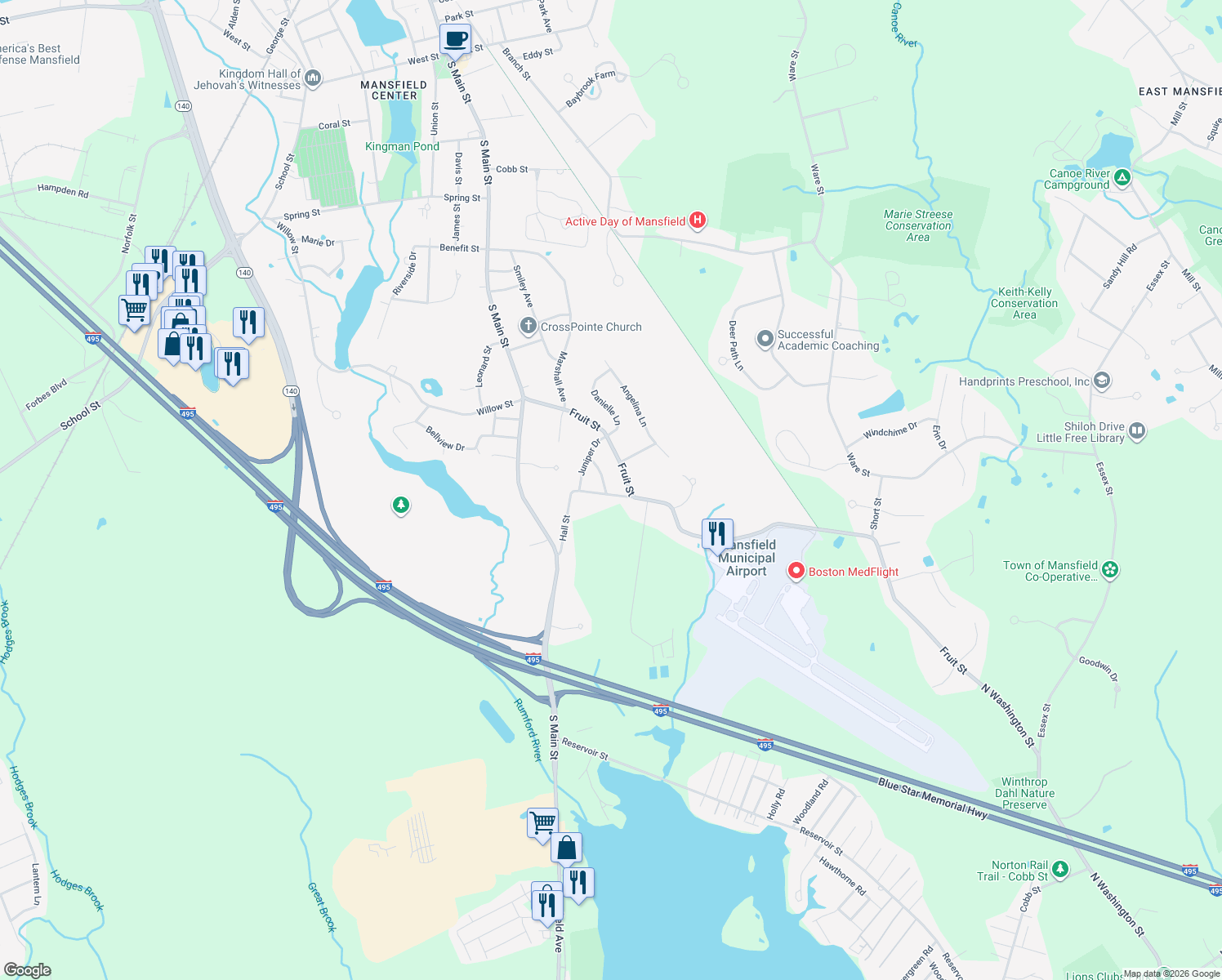 map of restaurants, bars, coffee shops, grocery stores, and more near 88 Hall Street in Mansfield
