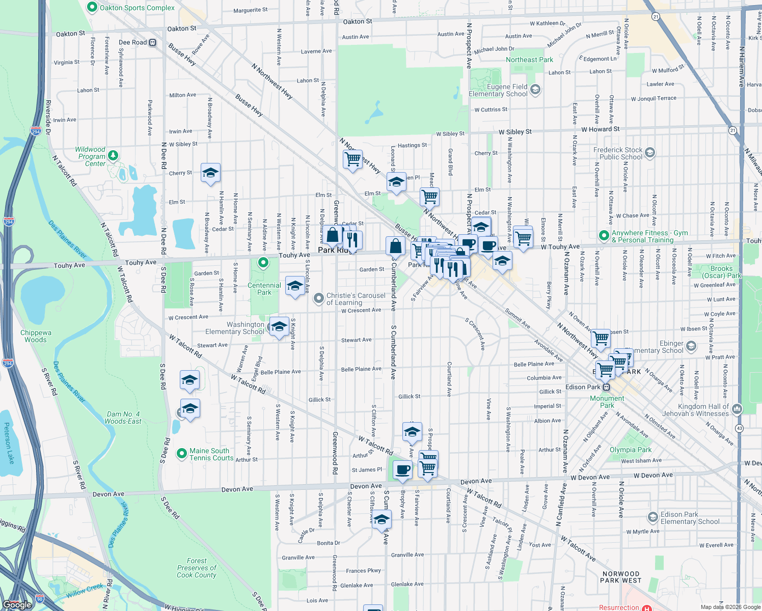 map of restaurants, bars, coffee shops, grocery stores, and more near 920 West Crescent Avenue in Park Ridge