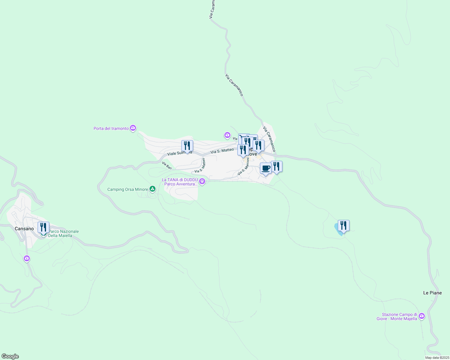 map of restaurants, bars, coffee shops, grocery stores, and more near 1 Via Vecchia della Stazione in Campo di Giove