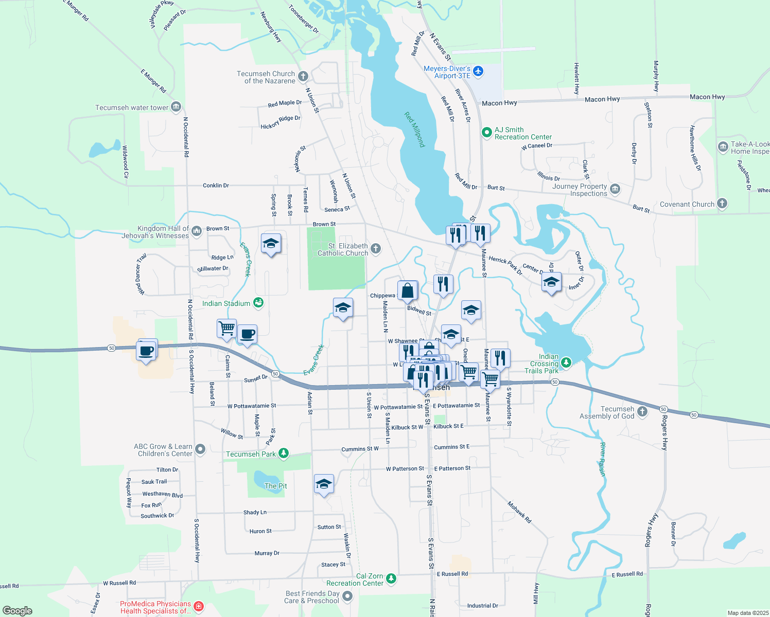 map of restaurants, bars, coffee shops, grocery stores, and more near 301 Bidwell Street in Tecumseh