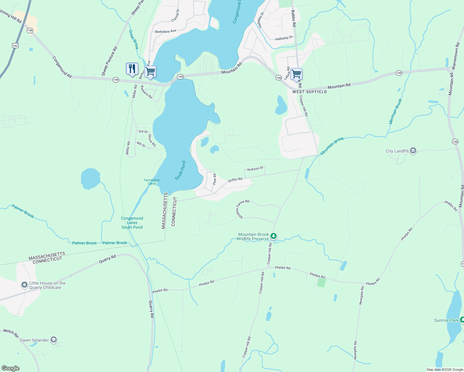 map of restaurants, bars, coffee shops, grocery stores, and more near 252 Birch Road in Suffield