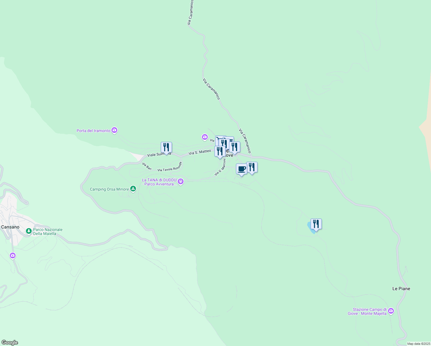 map of restaurants, bars, coffee shops, grocery stores, and more near 1 Via Vecchia della Stazione in Campo di Giove