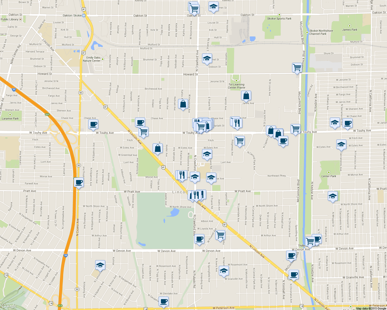 map of restaurants, bars, coffee shops, grocery stores, and more near 7030 North Crawford Avenue in Lincolnwood