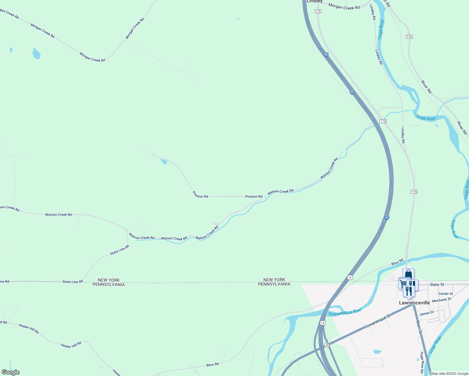 map of restaurants, bars, coffee shops, grocery stores, and more near 9267 Preston Road in Steuben