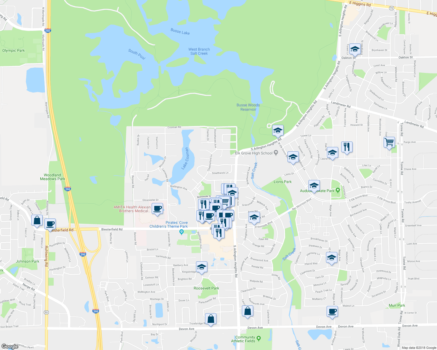 map of restaurants, bars, coffee shops, grocery stores, and more near 197 Smethwick Lane in Elk Grove Village