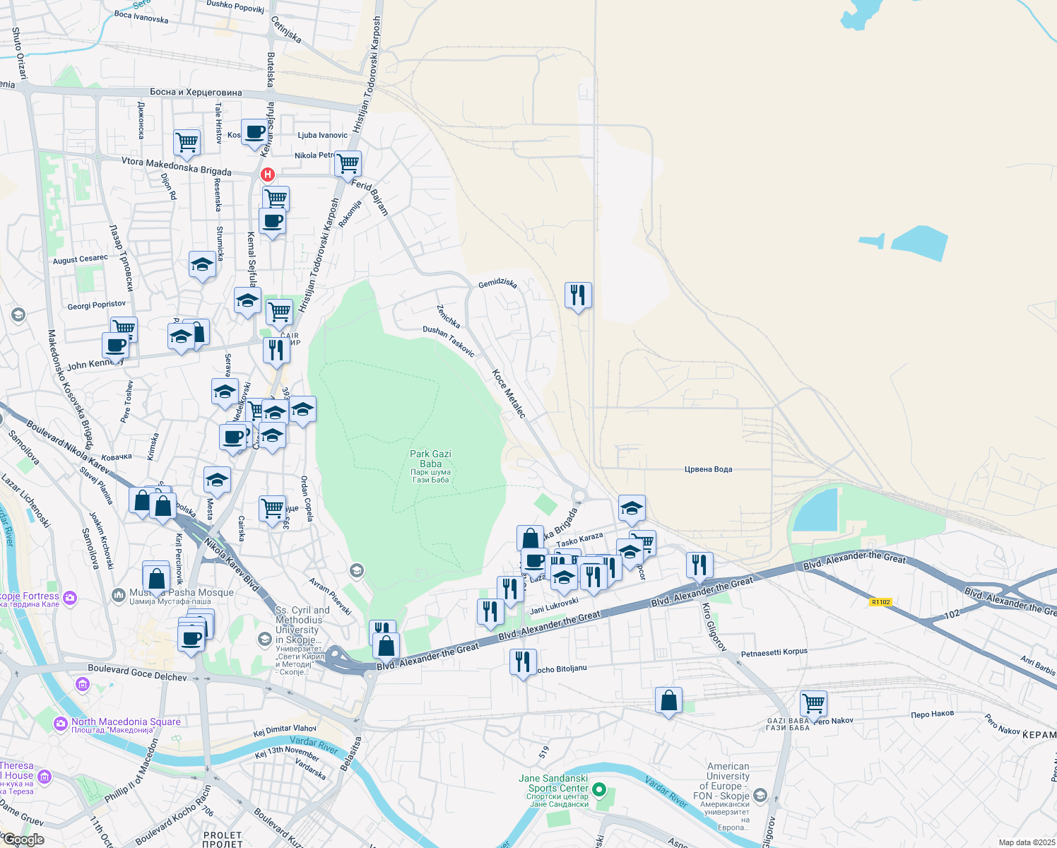 map of restaurants, bars, coffee shops, grocery stores, and more near Koce Metalec in Skopje