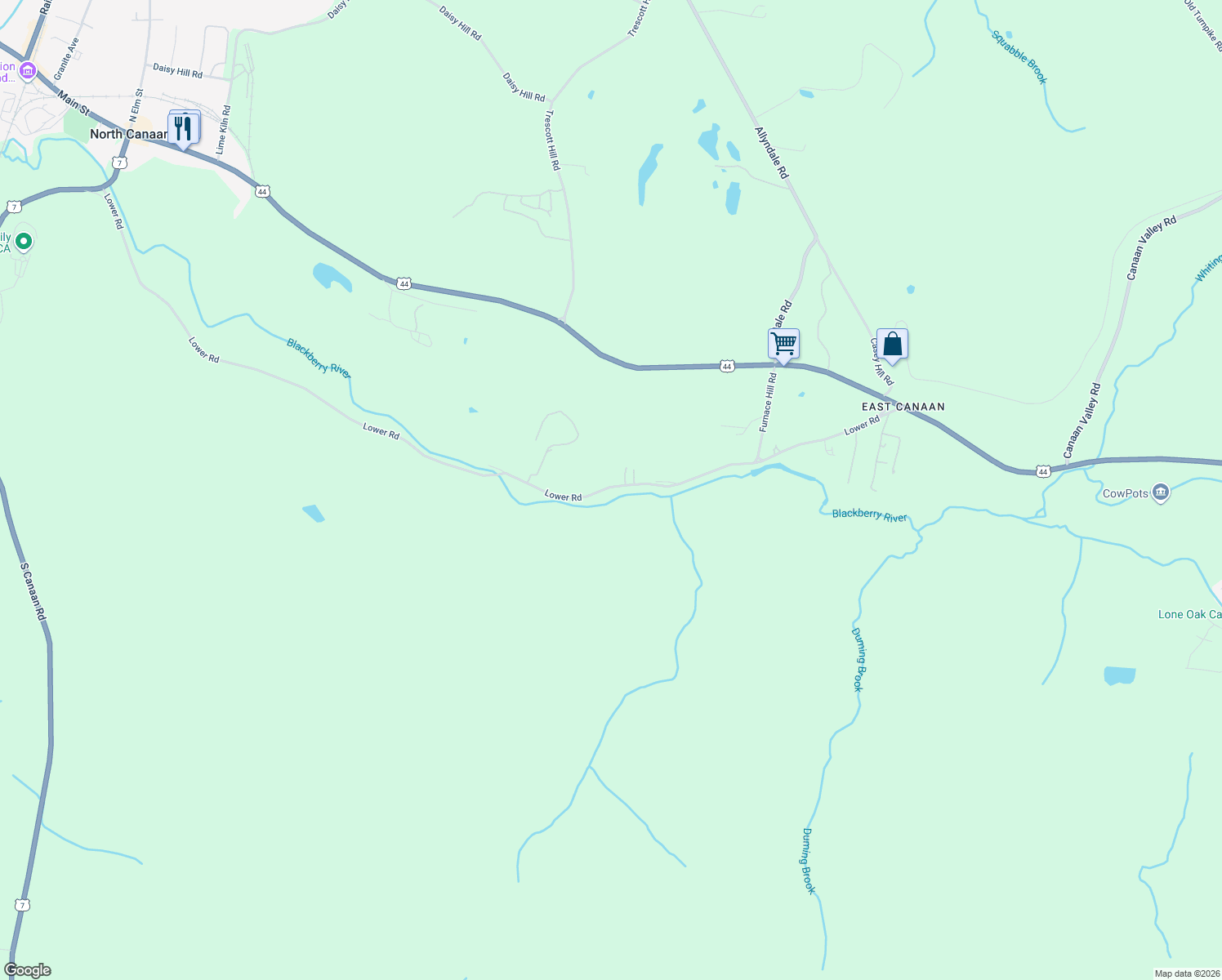 map of restaurants, bars, coffee shops, grocery stores, and more near 116 Lower Road in North Canaan