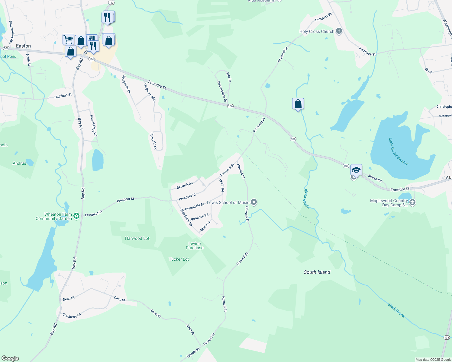 map of restaurants, bars, coffee shops, grocery stores, and more near 2 Heath Road in Easton