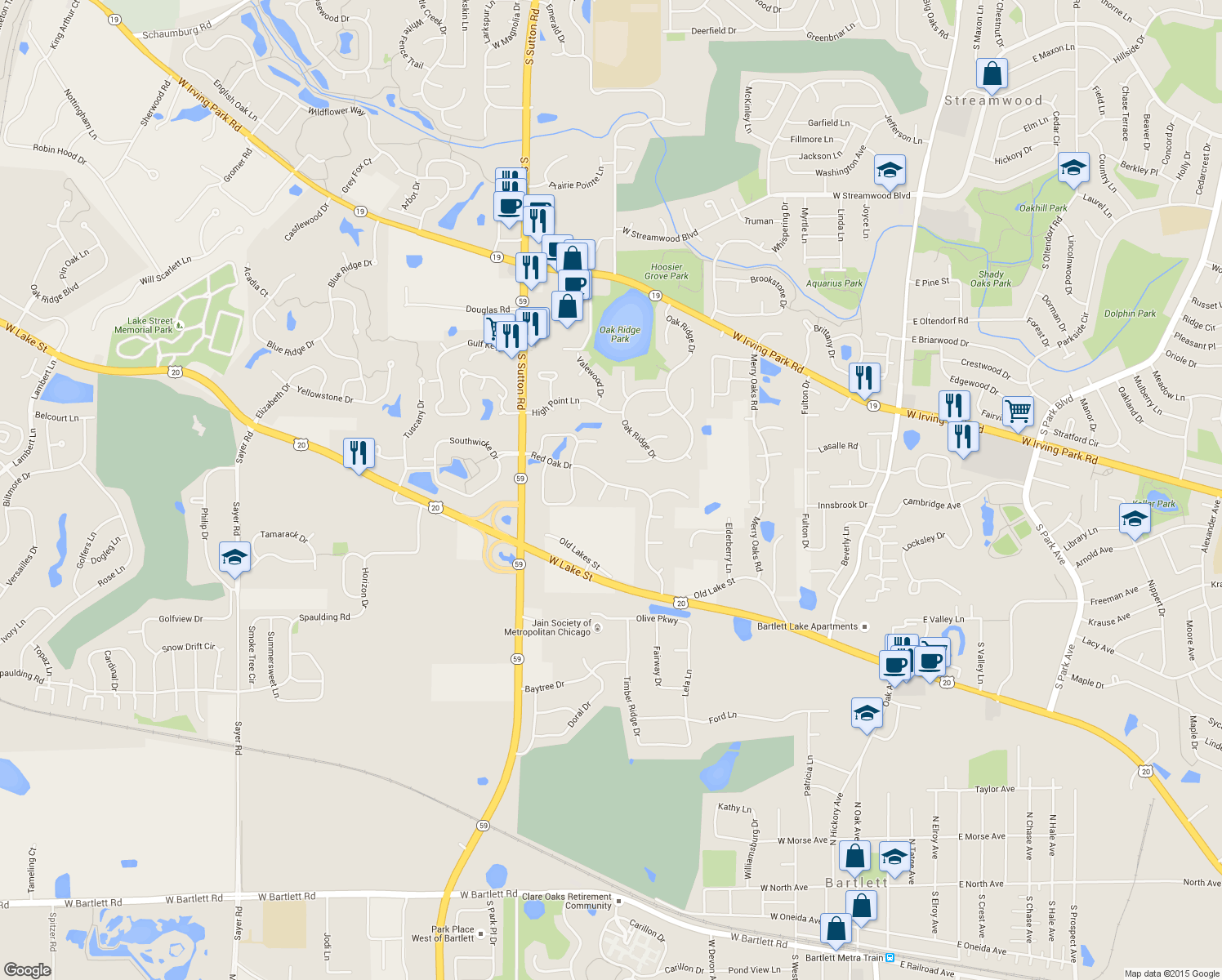 map of restaurants, bars, coffee shops, grocery stores, and more near 659 Hazel Nut Court in Bartlett