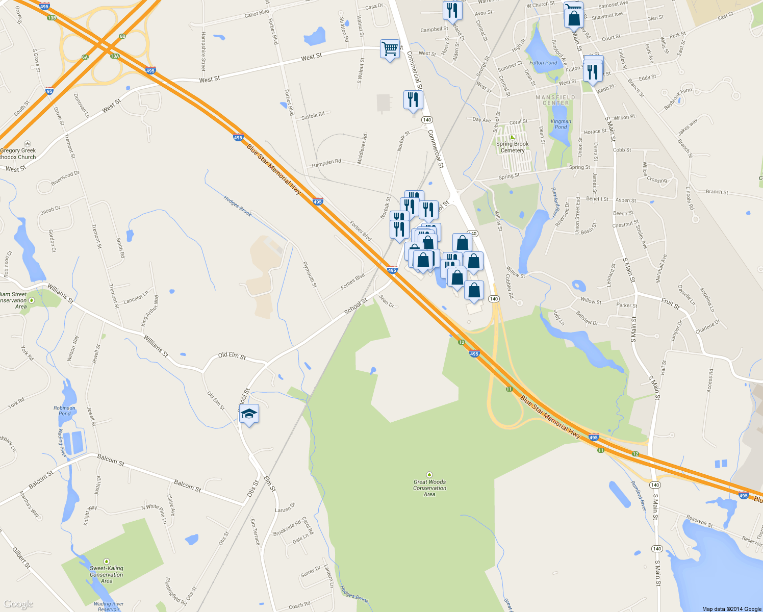 map of restaurants, bars, coffee shops, grocery stores, and more near 5 Sean Dr in Mansfield