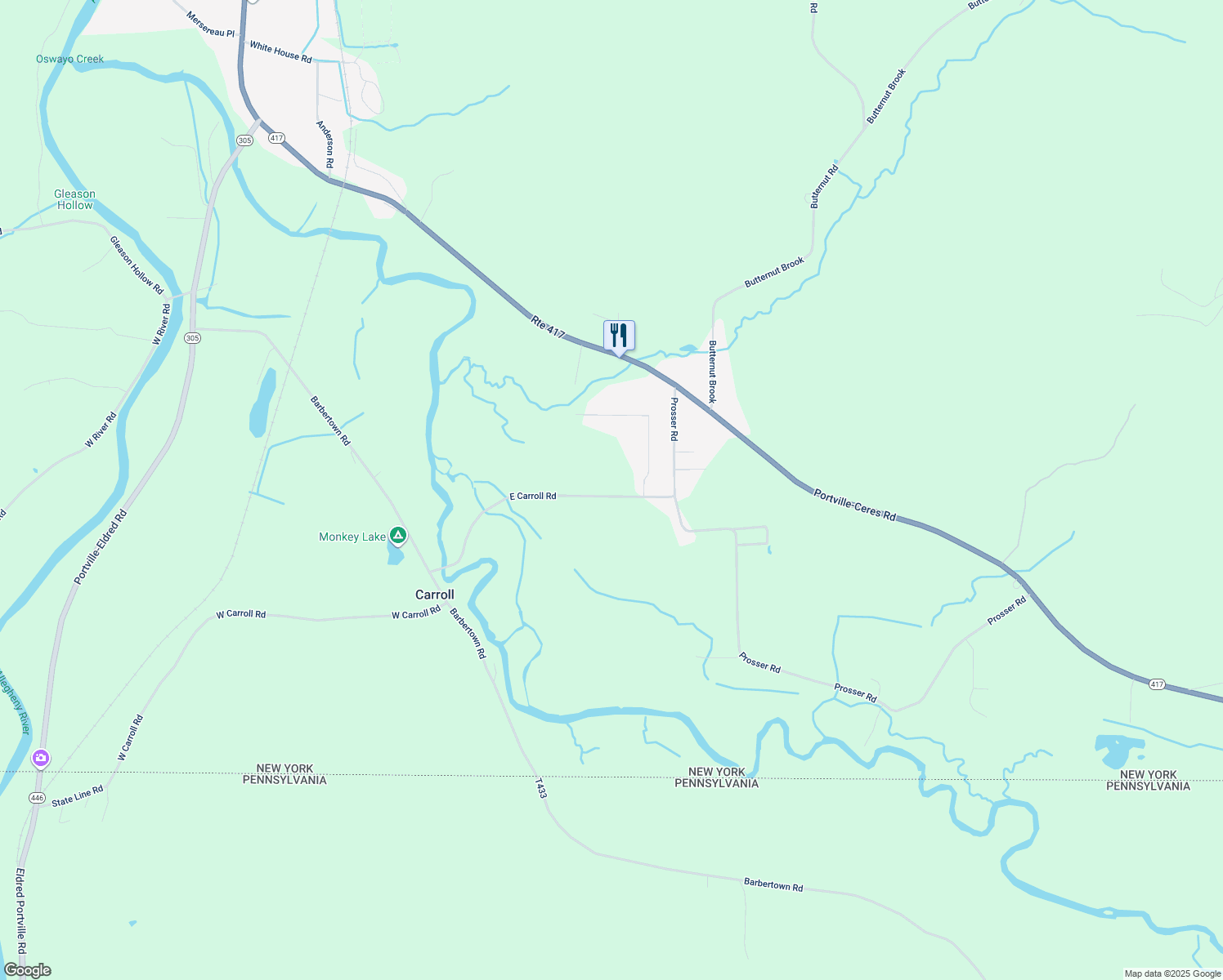 map of restaurants, bars, coffee shops, grocery stores, and more near 160 East Carroll Road in Portville