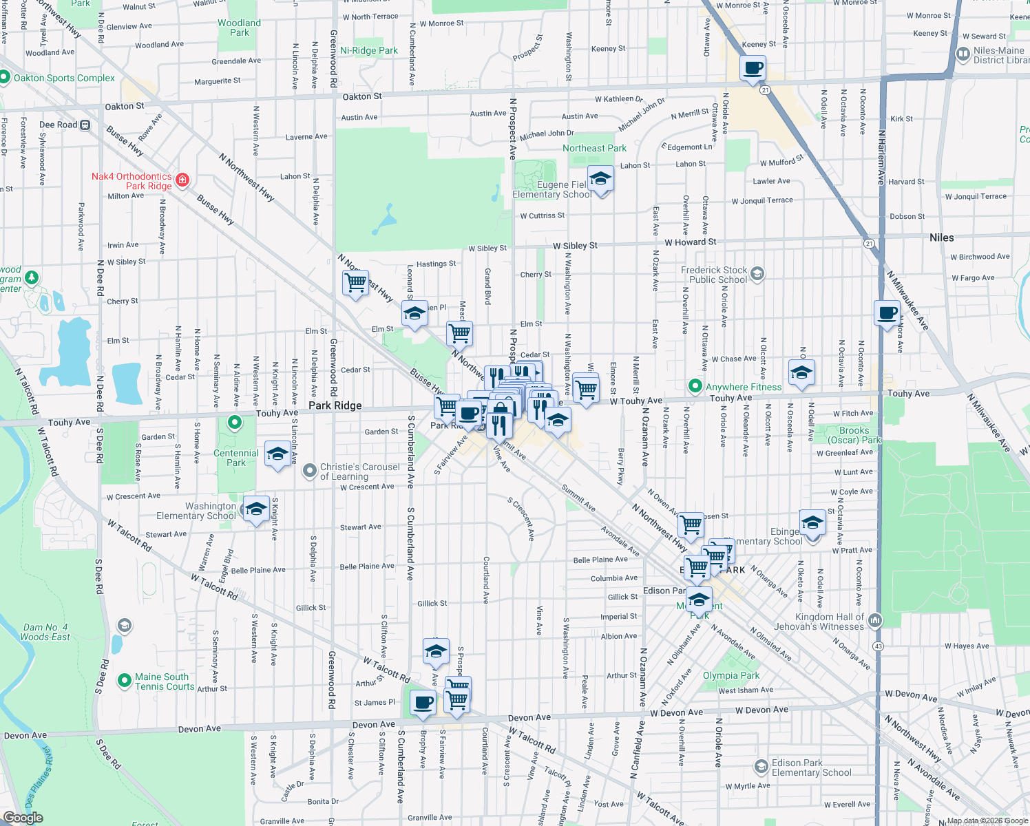 map of restaurants, bars, coffee shops, grocery stores, and more near 5 South Prospect Avenue in Park Ridge
