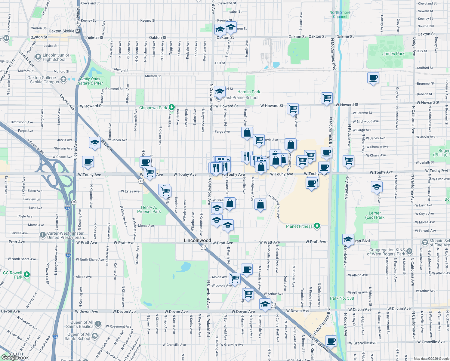 map of restaurants, bars, coffee shops, grocery stores, and more near 7152 North East Prairie Road in Lincolnwood