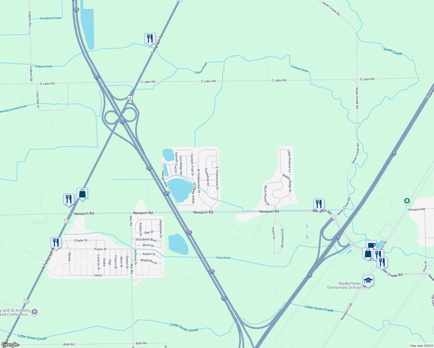 map of restaurants, bars, coffee shops, grocery stores, and more near E Timberview Dr in Berlin Charter Township
