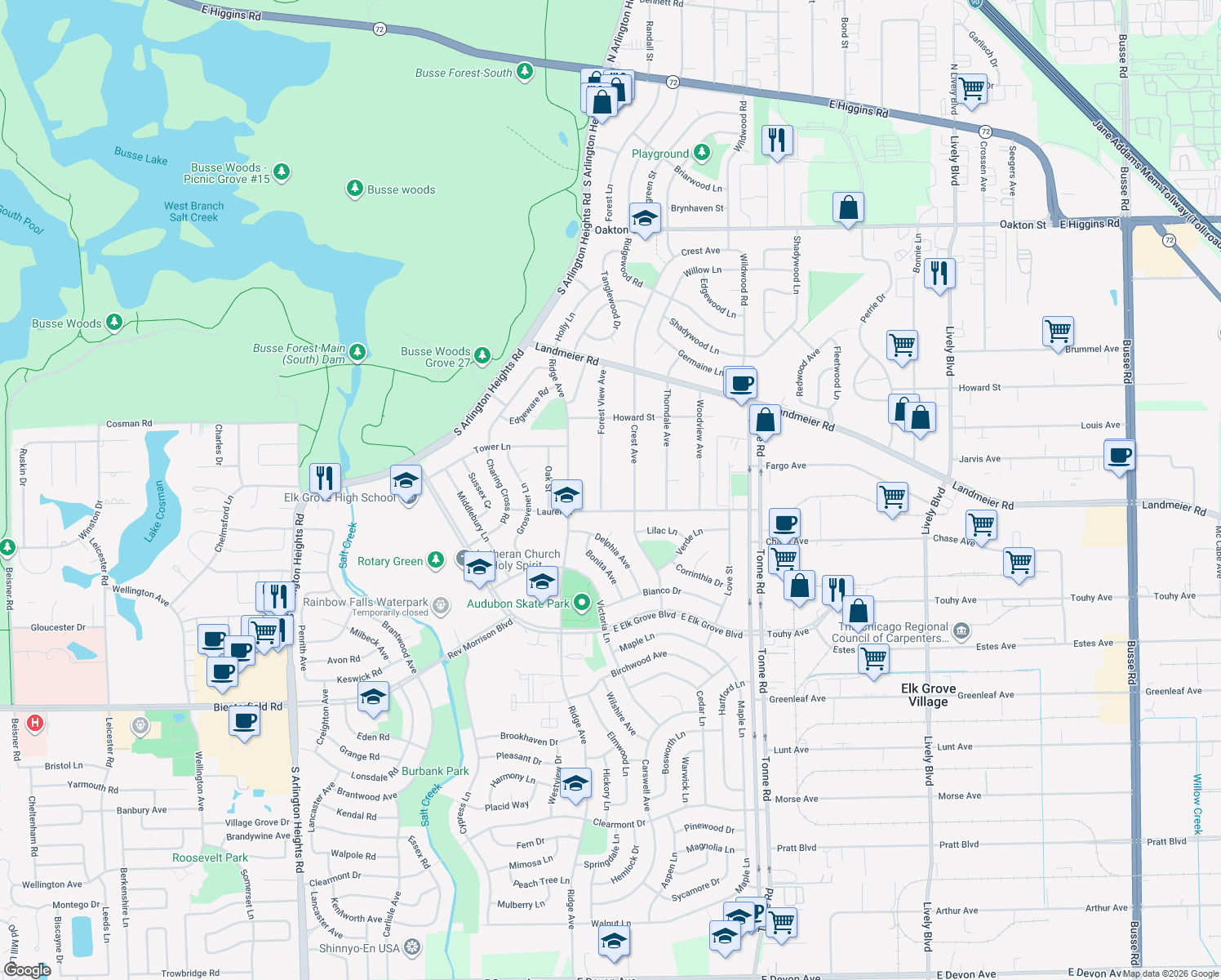 map of restaurants, bars, coffee shops, grocery stores, and more near 607 Forest View Avenue in Elk Grove Village