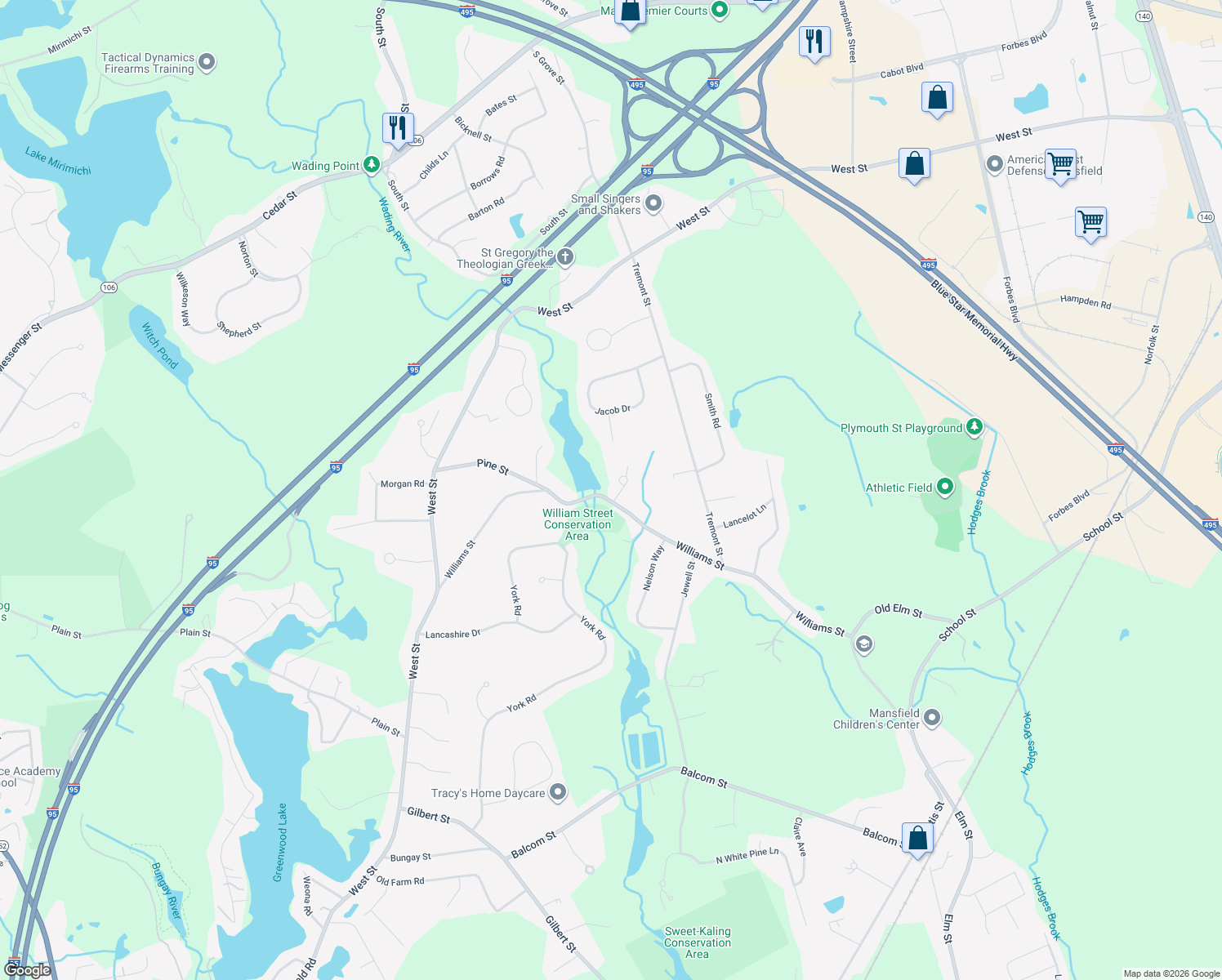 map of restaurants, bars, coffee shops, grocery stores, and more near 303 Williams Street in Mansfield