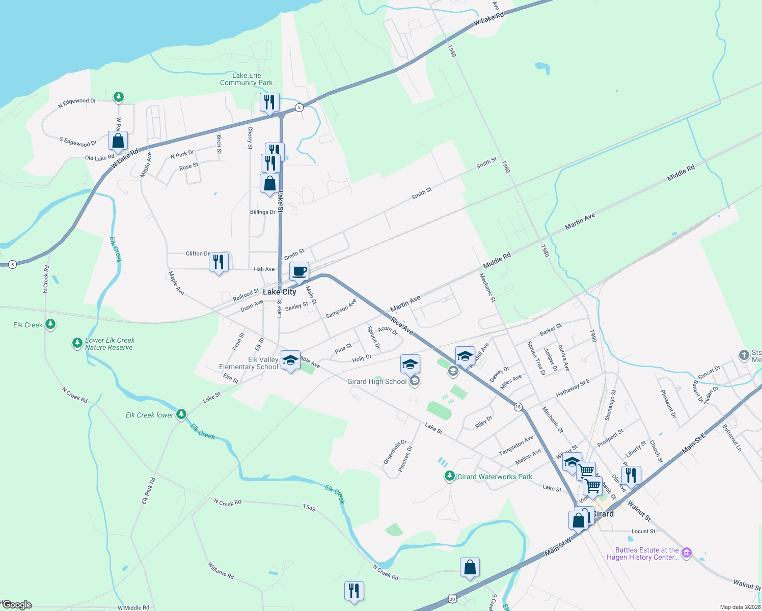 map of restaurants, bars, coffee shops, grocery stores, and more near 2547 Rice Avenue in Lake City