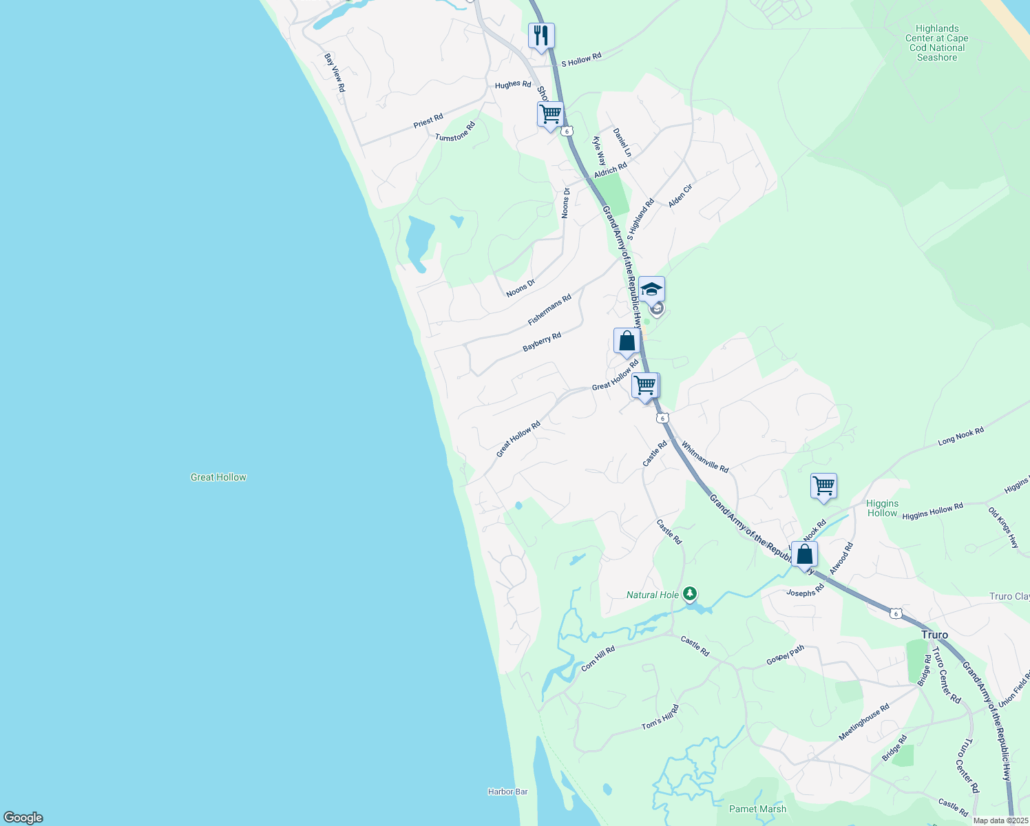 map of restaurants, bars, coffee shops, grocery stores, and more near 10 Quail Hill Road in Truro