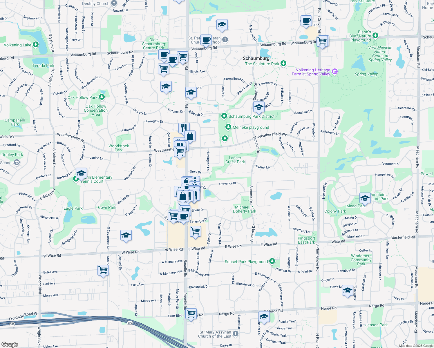 map of restaurants, bars, coffee shops, grocery stores, and more near 136 Clearbrook Court in Schaumburg