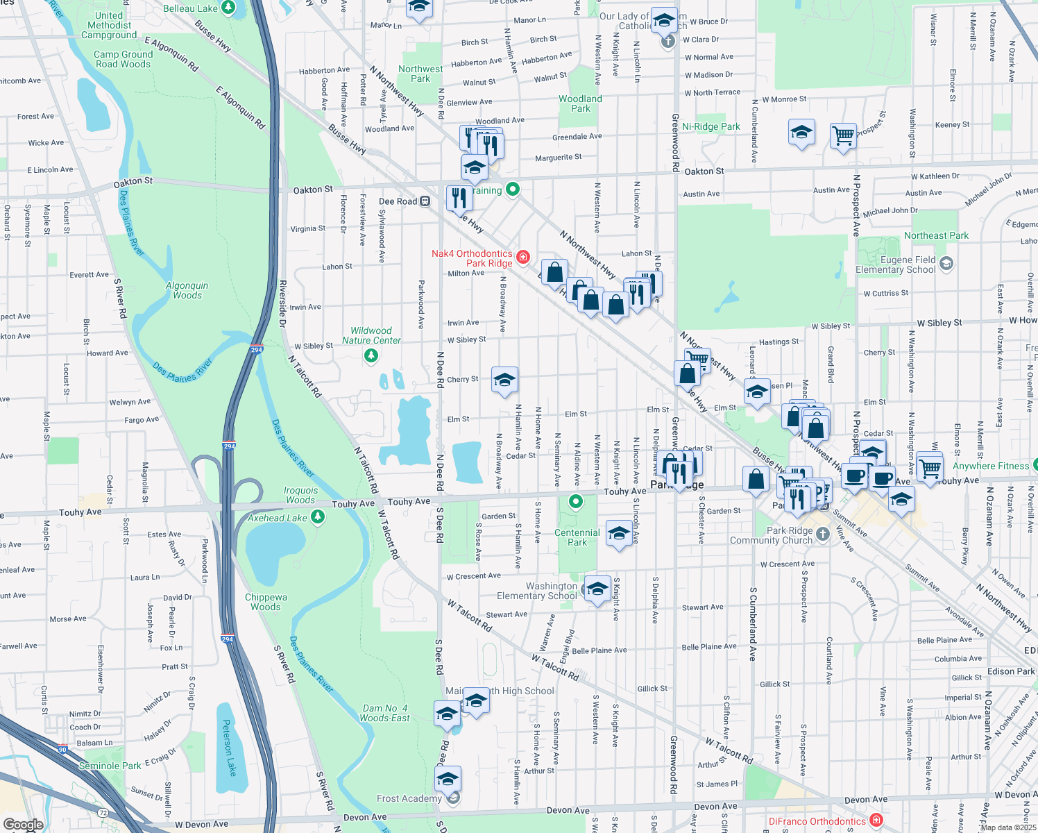 map of restaurants, bars, coffee shops, grocery stores, and more near 300 North Hamlin Avenue in Park Ridge
