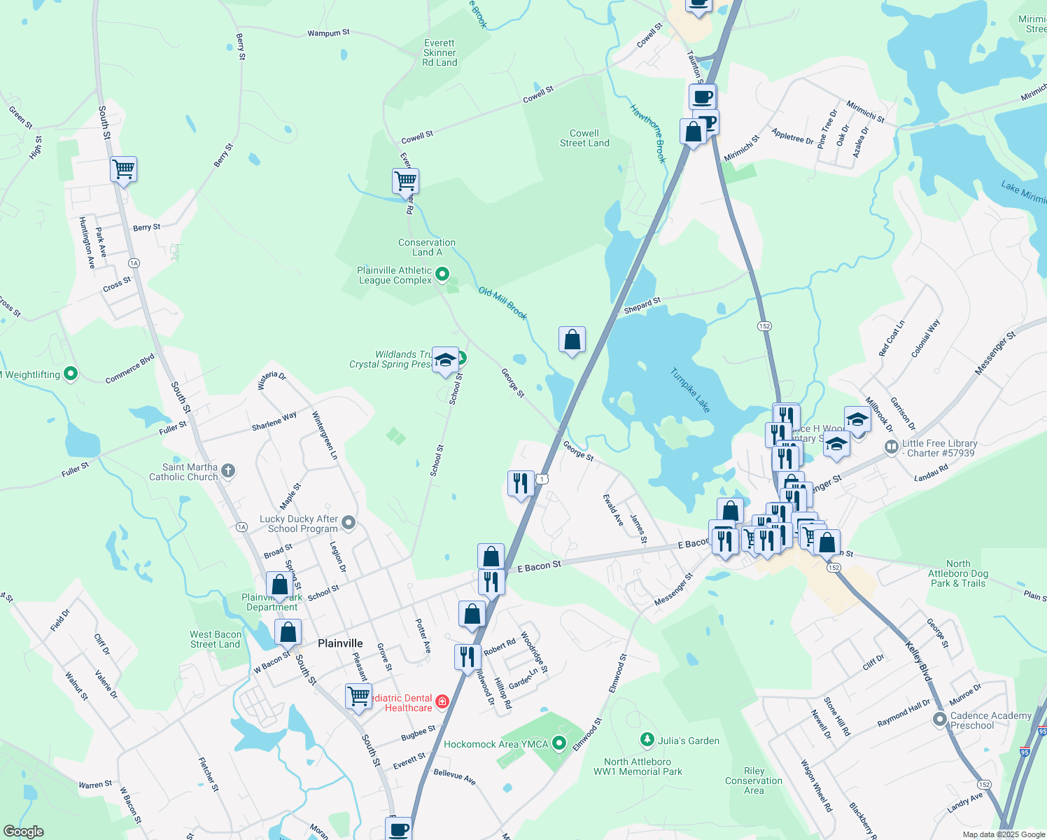 map of restaurants, bars, coffee shops, grocery stores, and more near 56 George Street in Plainville