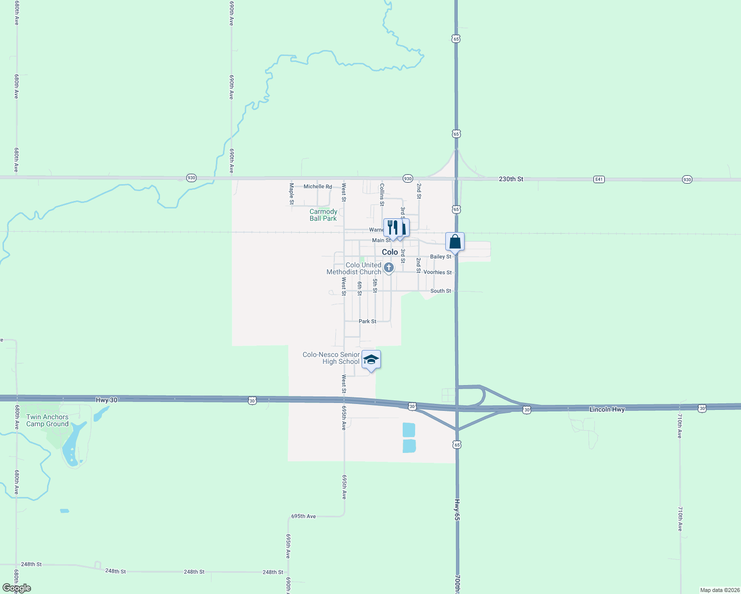map of restaurants, bars, coffee shops, grocery stores, and more near 708 5th Street in Colo