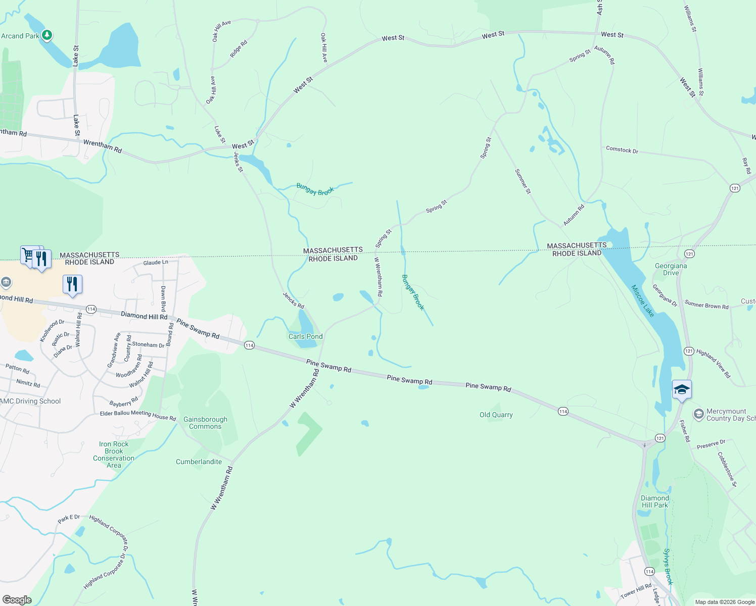 map of restaurants, bars, coffee shops, grocery stores, and more near 399 W Wrentham Rd in Cumberland