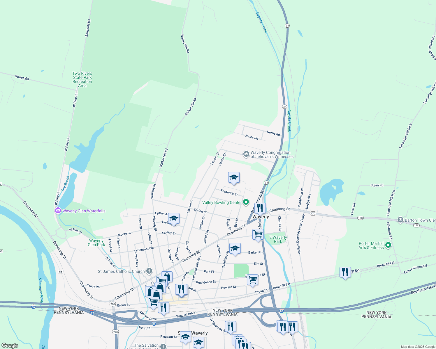 map of restaurants, bars, coffee shops, grocery stores, and more near 196 Center Street in Waverly