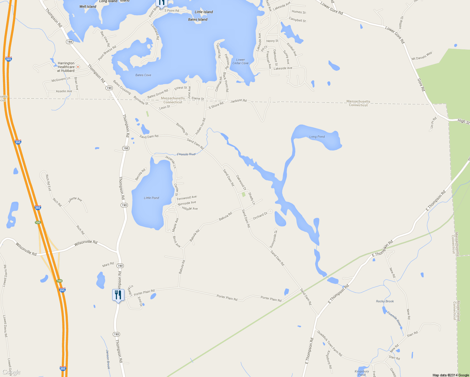 map of restaurants, bars, coffee shops, grocery stores, and more near 193 Sand Dam Rd in Thompson