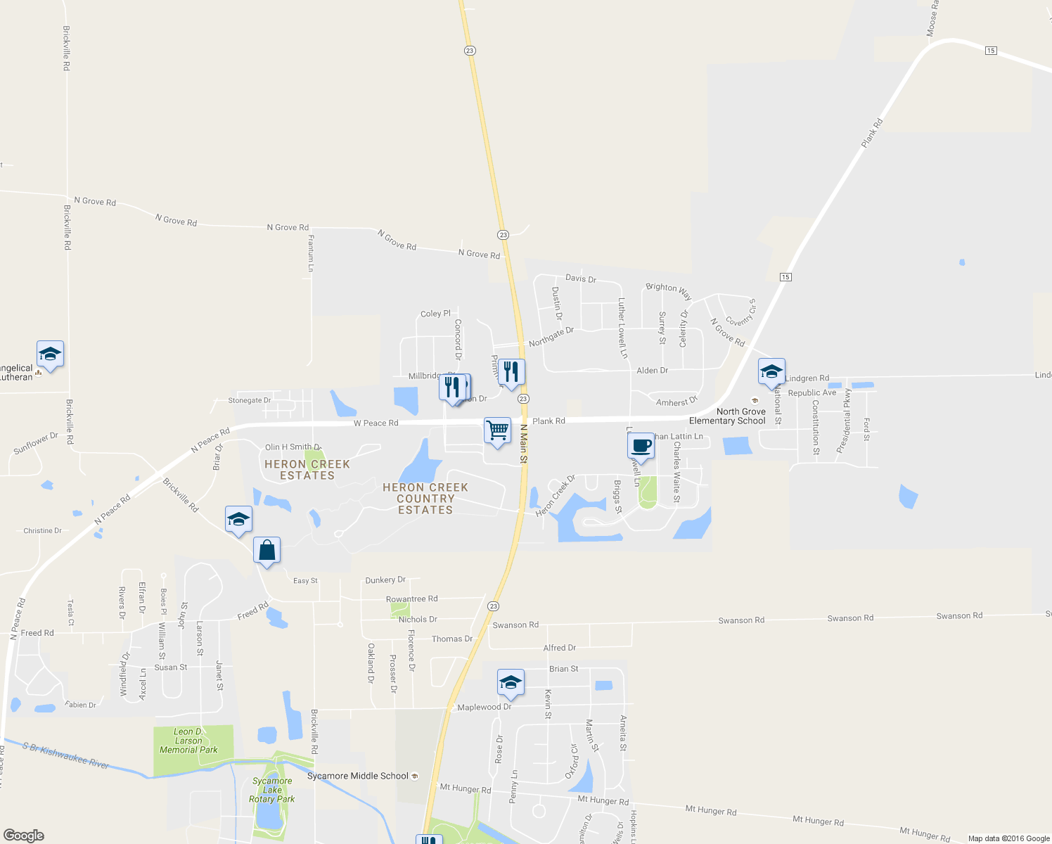 map of restaurants, bars, coffee shops, grocery stores, and more near 14000 Plank Road in Sycamore