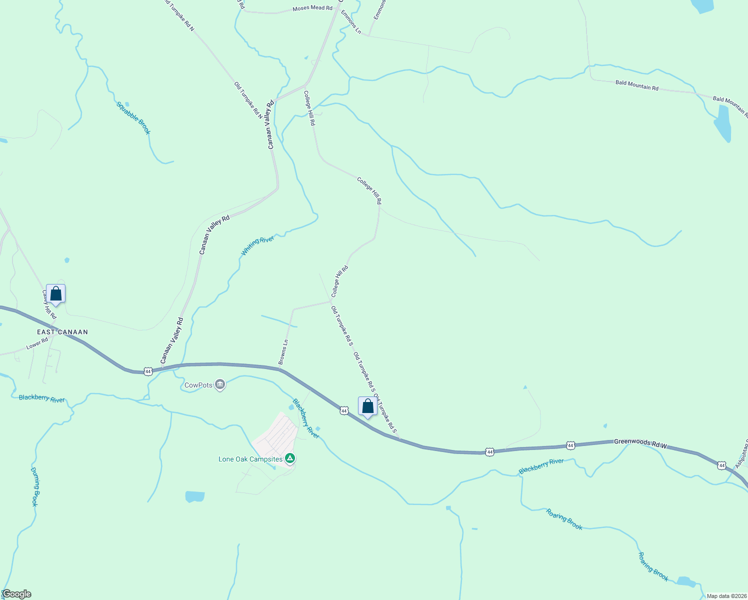 map of restaurants, bars, coffee shops, grocery stores, and more near 18 College Hill Road in Canaan