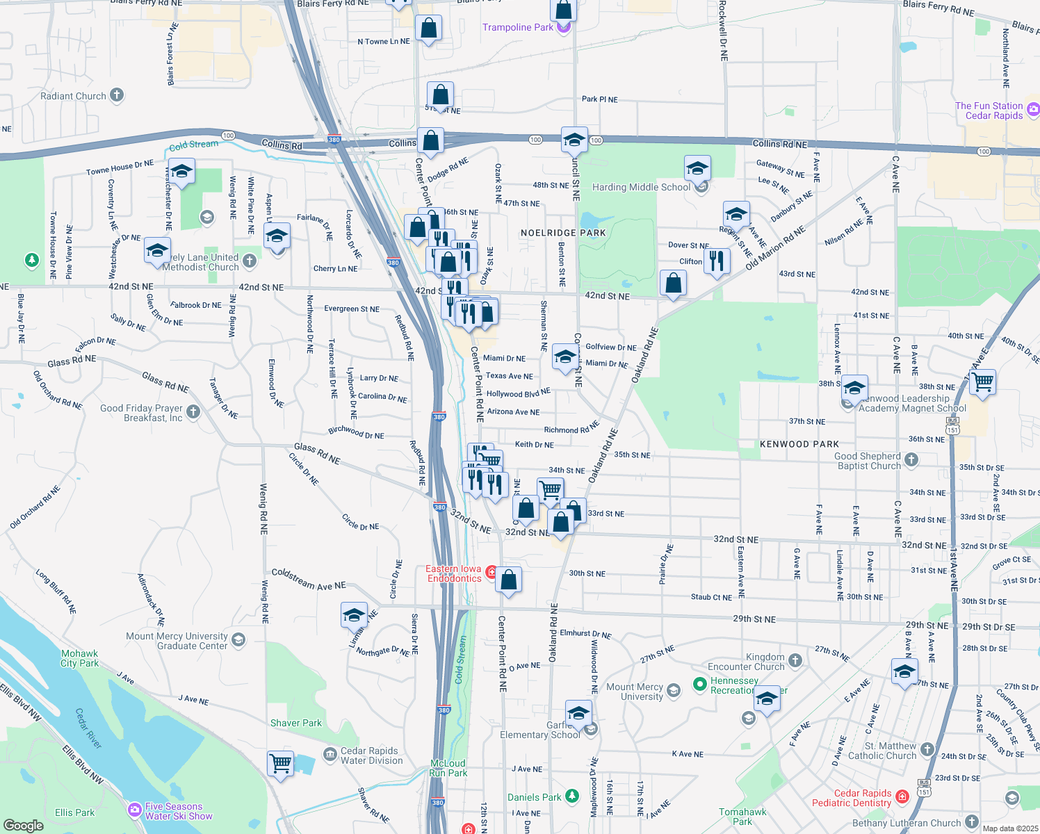 map of restaurants, bars, coffee shops, grocery stores, and more near 1635 Arizona Avenue Northeast in Cedar Rapids