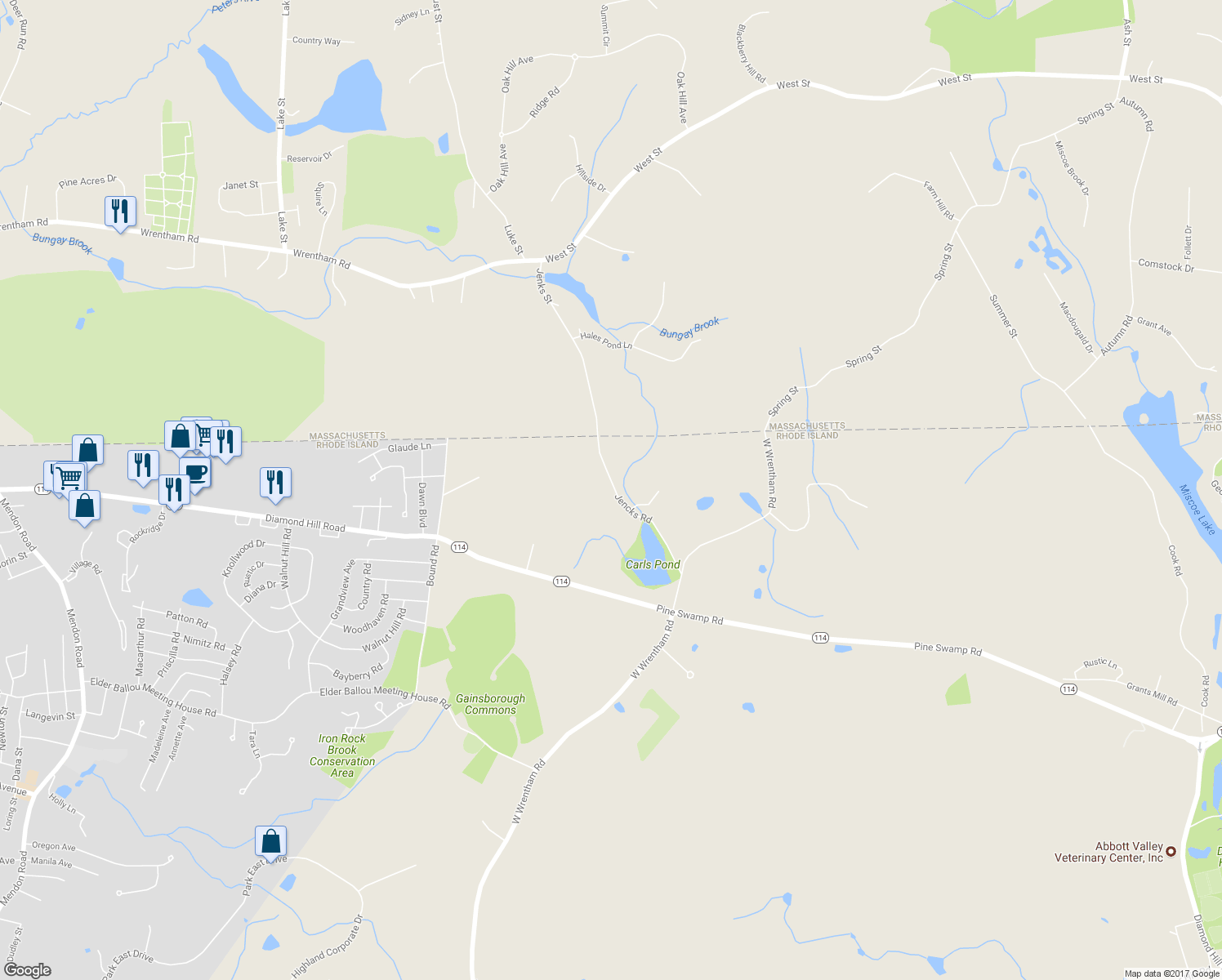 map of restaurants, bars, coffee shops, grocery stores, and more near 21 Jencks Road in Cumberland