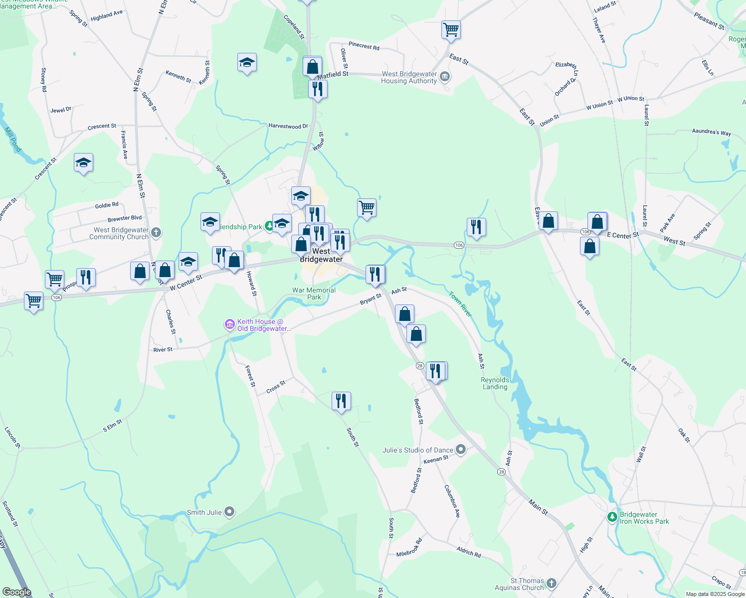map of restaurants, bars, coffee shops, grocery stores, and more near 5 Leo Park Dr in West Bridgewater