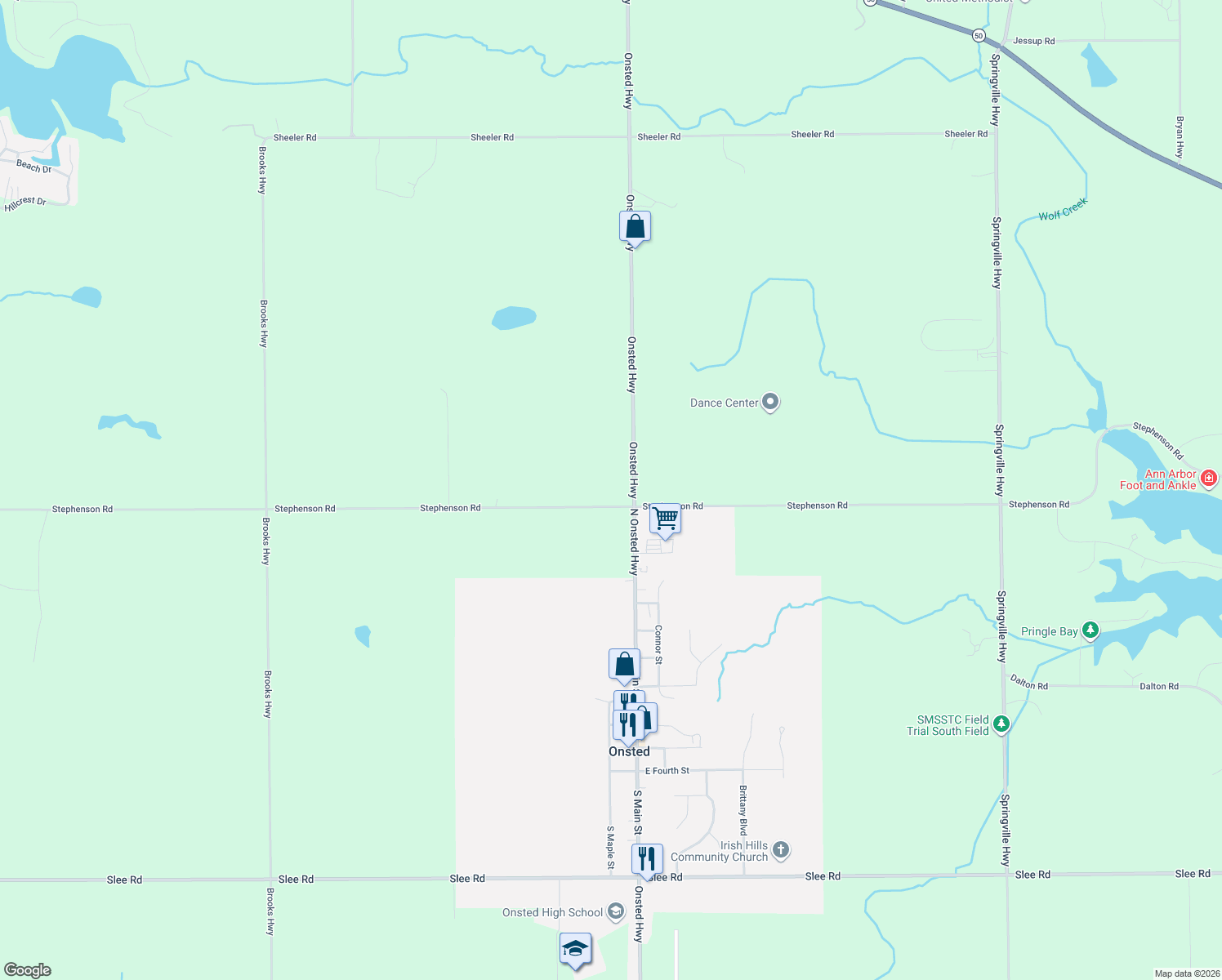 map of restaurants, bars, coffee shops, grocery stores, and more near 10050 Stephenson Rd in Onsted