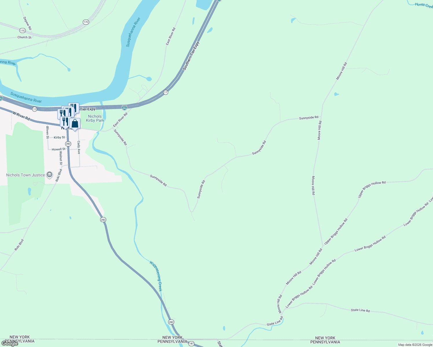map of restaurants, bars, coffee shops, grocery stores, and more near 1349 Sunnyside Road in Nichols