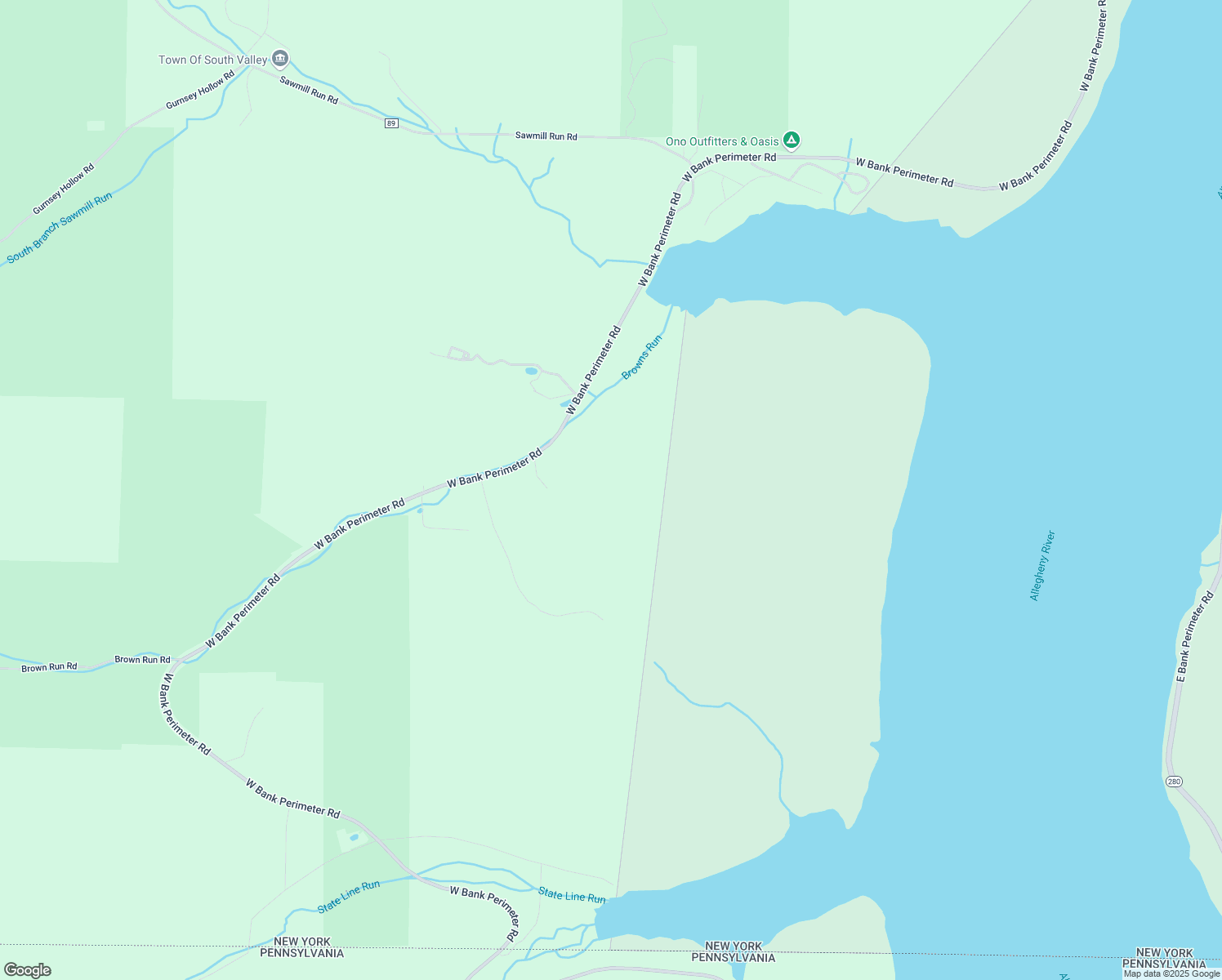 map of restaurants, bars, coffee shops, grocery stores, and more near 546 West Bank Perimeter Road in Frewsburg
