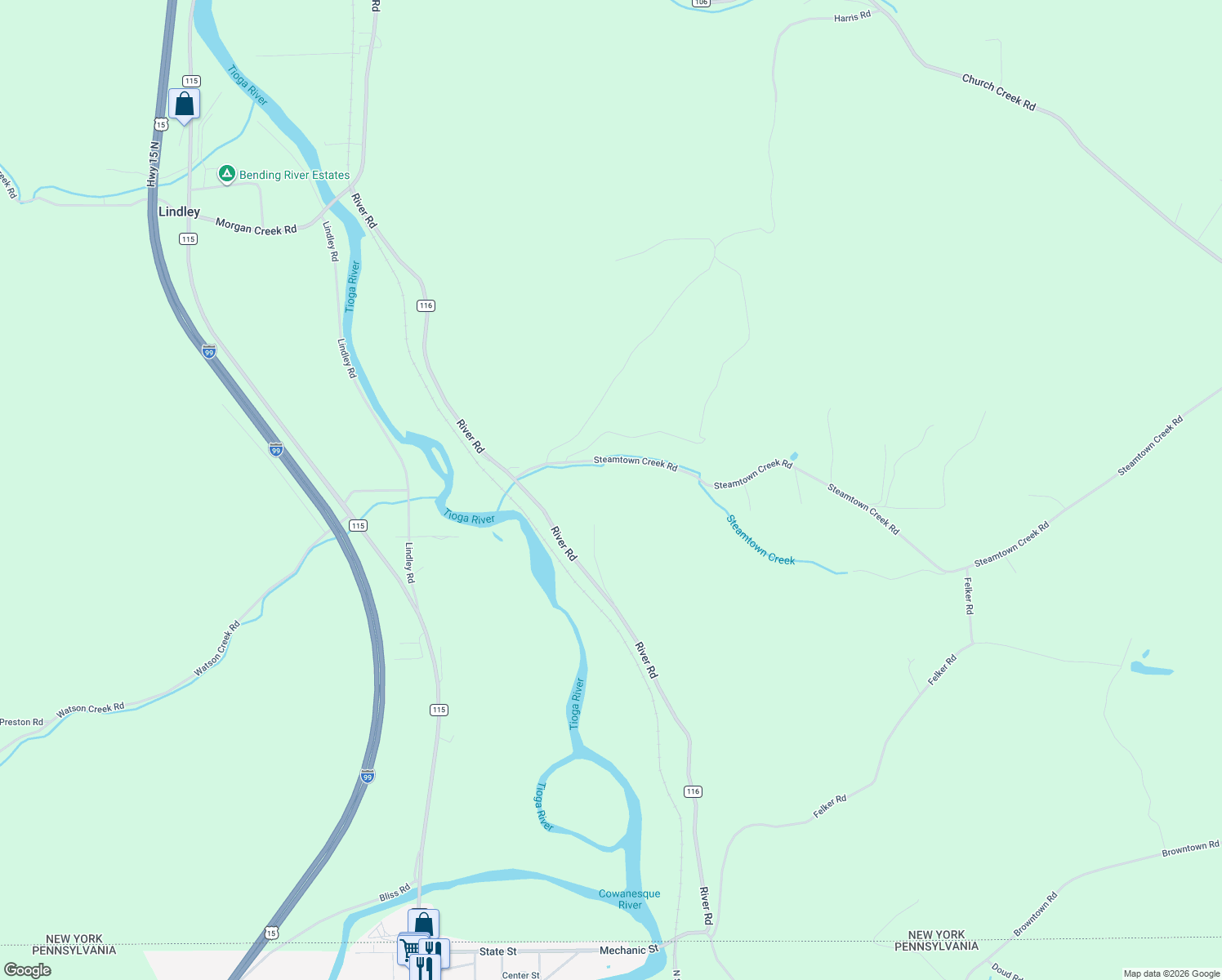 map of restaurants, bars, coffee shops, grocery stores, and more near 9755 Steamtown Creek Road in Steuben