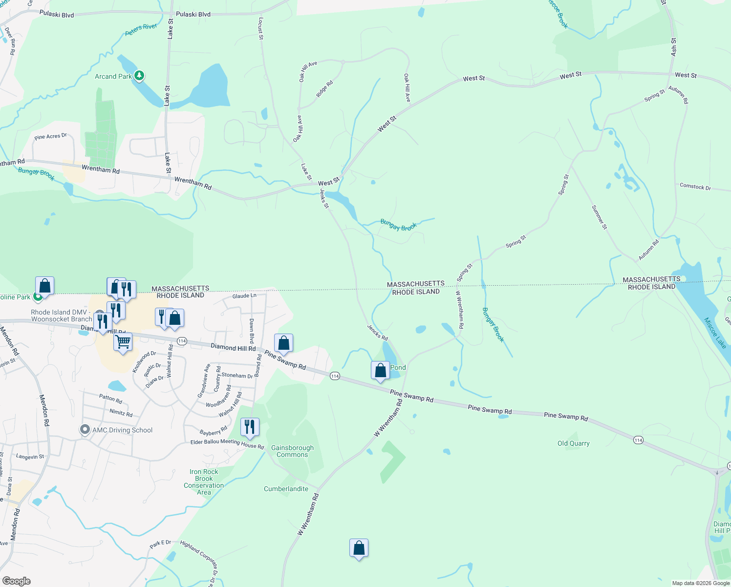 map of restaurants, bars, coffee shops, grocery stores, and more near 42 Jencks Road in Cumberland